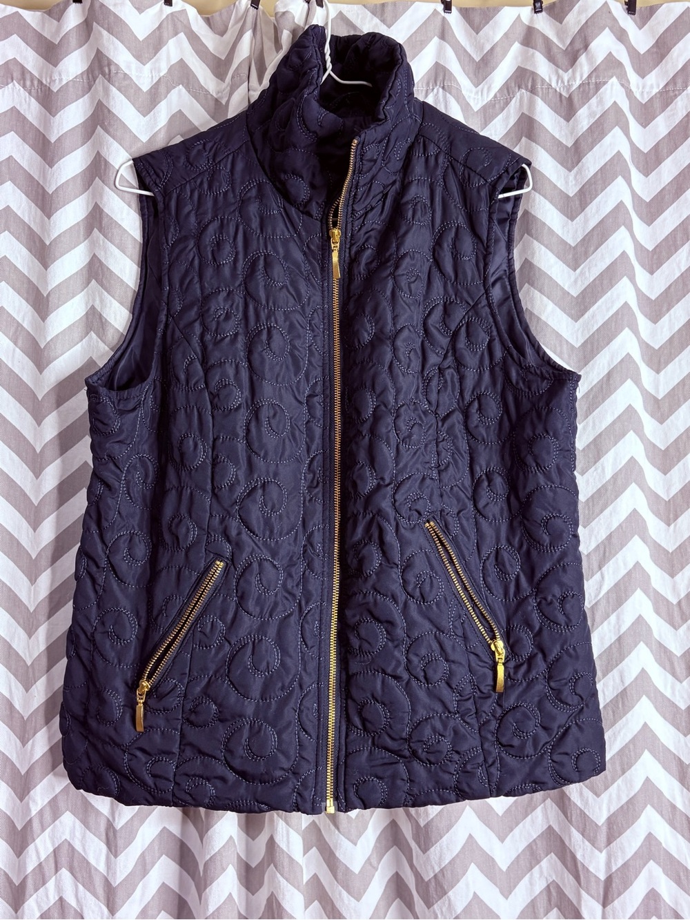 Christopher & Banks Quilted Sleeveless Vest - Navy Blue with Gold Zippers
